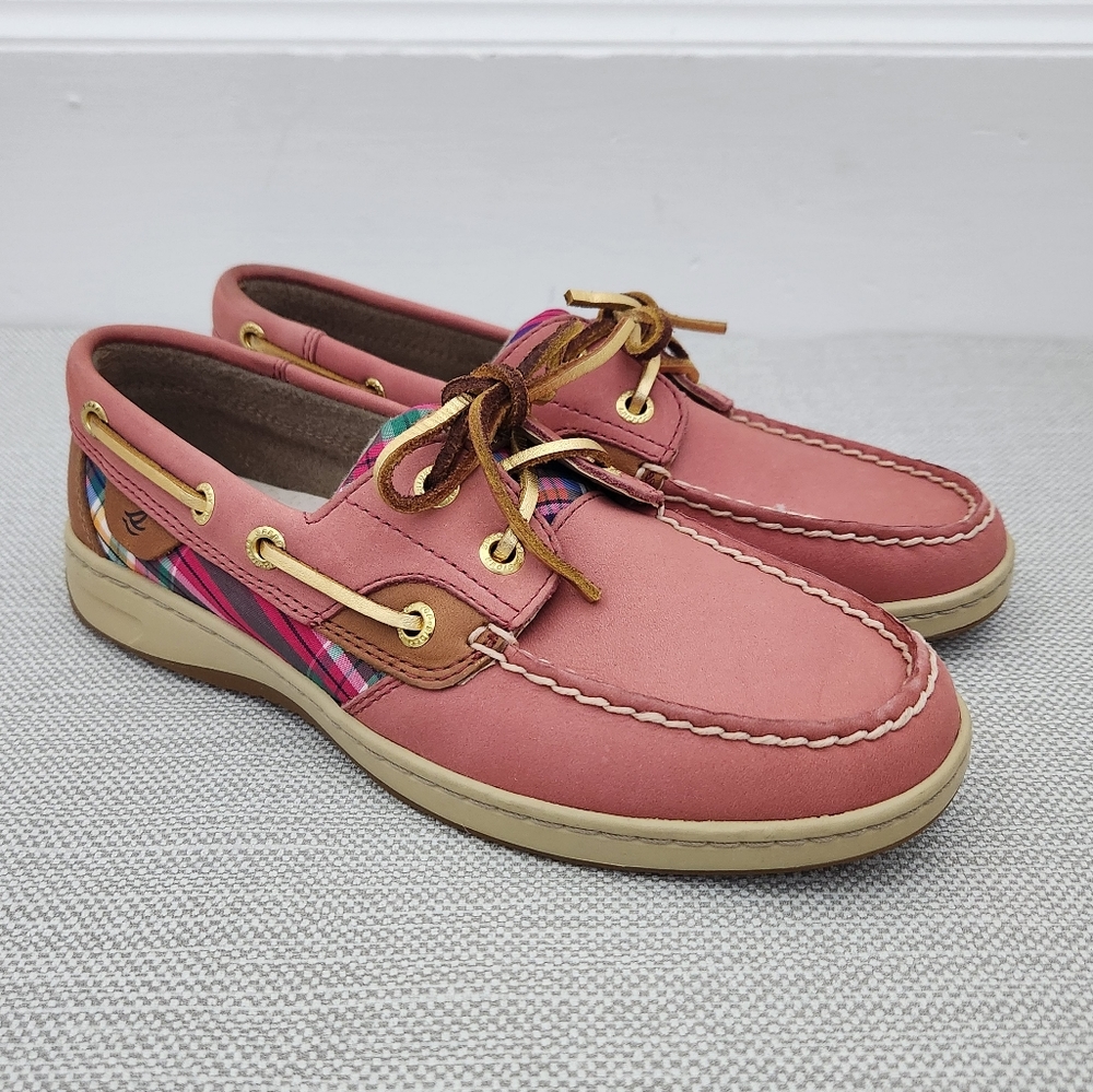 Sperry washed red plaid leather fabric loafer boat shoe women size 6 m
